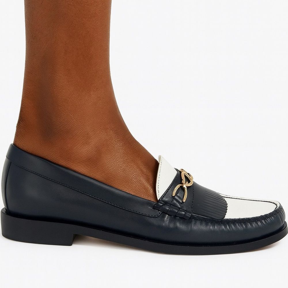CELINE Women's Luco Triomphe Navy & White Horsebit CC Logo Loafers Size …